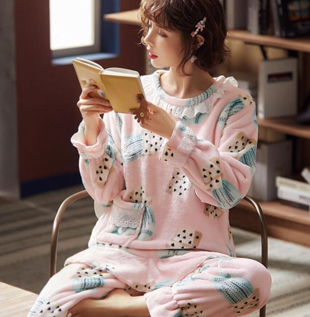 Winter Thick Flannel Warm Pajamas for Women Pyjamas Cute Coral Fleece Sheep Female Pajama Set sleepwear Home Suit