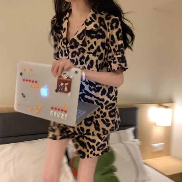 Silk Pajamas for Women Cute Leopard Home Clothes for Women Sleepwear Nightie Women&#39;s Clothing Spring Summer 2020 Pyjama Femme