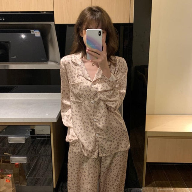 Silk Pajamas for Women Cute Leopard Home Clothes for Women Sleepwear Nightie Women&#39;s Clothing Spring Summer 2020 Pyjama Femme