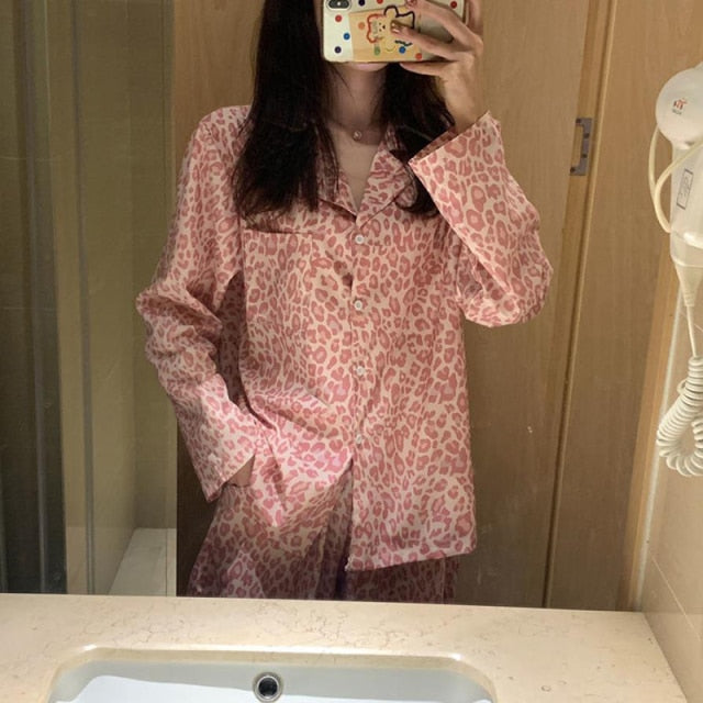 Silk Pajamas for Women Cute Leopard Home Clothes for Women Sleepwear Nightie Women&#39;s Clothing Spring Summer 2020 Pyjama Femme