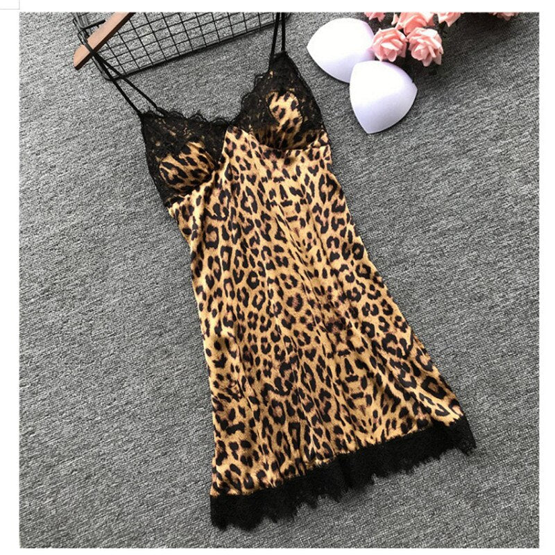 Sexy Hot Women Leopard Printed Lace Nightdress Lingerie V Neck Summer Spaghetti Straps Nightgown for Women Homewear Nighty