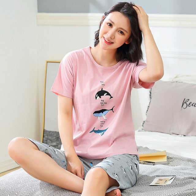 Plus Size XXXL 2021 summer sleepwear women pajamas sets v-neck cartoon short sleeve pajama suit cotton women homewear suit soft