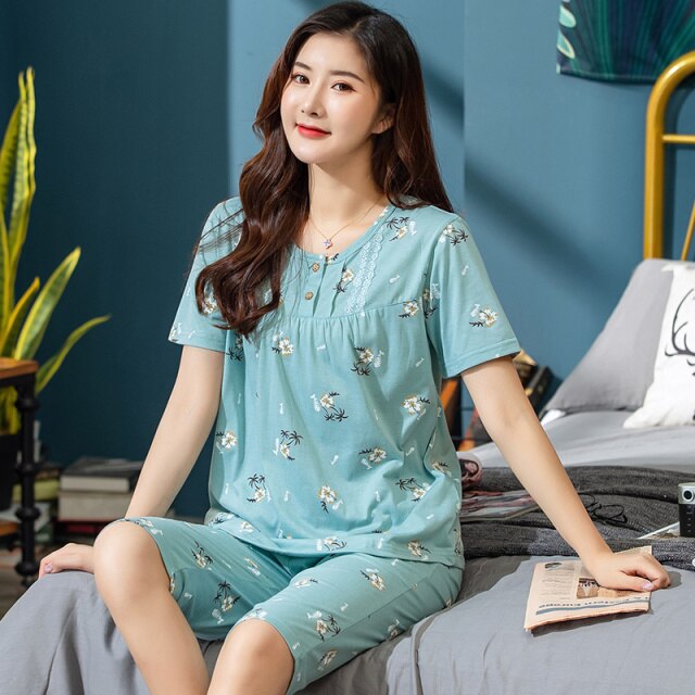 Plus Size XXXL 2021 summer sleepwear women pajamas sets v-neck cartoon short sleeve pajama suit cotton women homewear suit soft