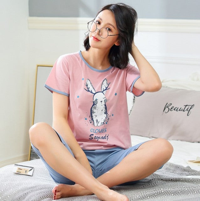 Plus Size XXXL 2021 summer sleepwear women pajamas sets v-neck cartoon short sleeve pajama suit cotton women homewear suit soft