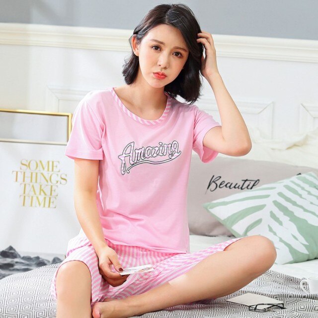 Plus Size XXXL 2021 summer sleepwear women pajamas sets v-neck cartoon short sleeve pajama suit cotton women homewear suit soft