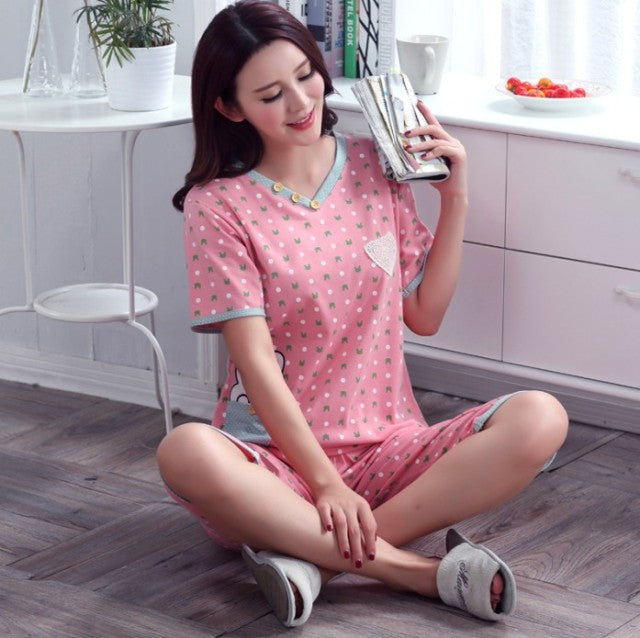 Plus Size XXXL 2021 summer sleepwear women pajamas sets v-neck cartoon short sleeve pajama suit cotton women homewear suit soft