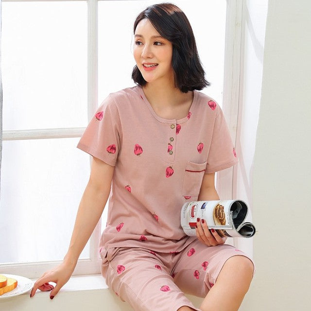 Plus Size XXXL 2021 summer sleepwear women pajamas sets v-neck cartoon short sleeve pajama suit cotton women homewear suit soft