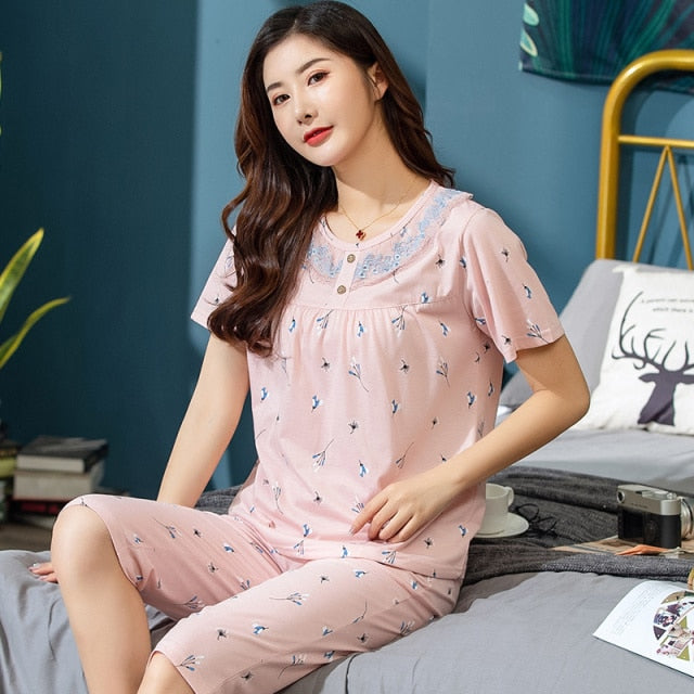 Plus Size XXXL 2021 summer sleepwear women pajamas sets v-neck cartoon short sleeve pajama suit cotton women homewear suit soft