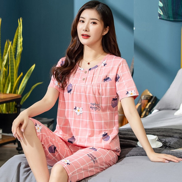 Plus Size XXXL 2021 summer sleepwear women pajamas sets v-neck cartoon short sleeve pajama suit cotton women homewear suit soft