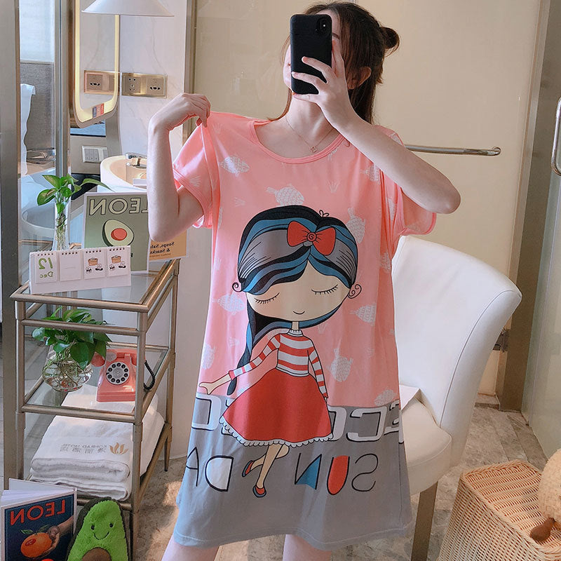 Sanderala Women Cartoon Nighty Summer Nightgowns Sleepdress Cute Comfortable Lingerie Round Neck Short Sleepshirts Sleepwear