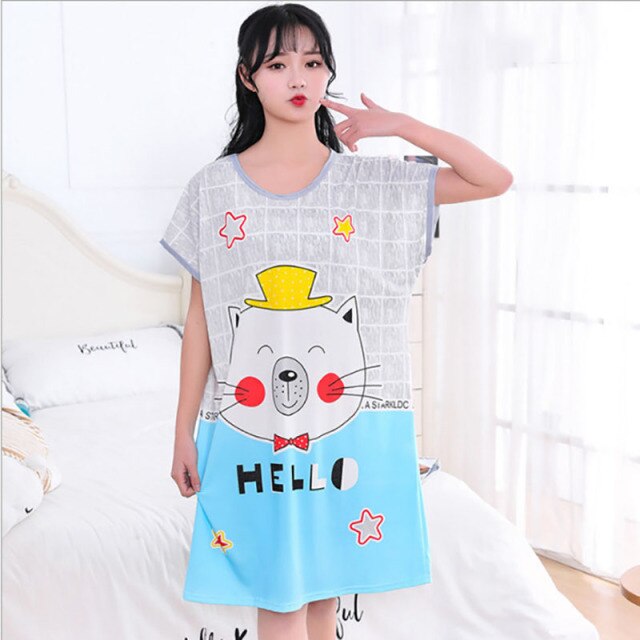 Sanderala Women Cartoon Nighty Summer Nightgowns Sleepdress Cute Comfortable Lingerie Round Neck Short Sleepshirts Sleepwear