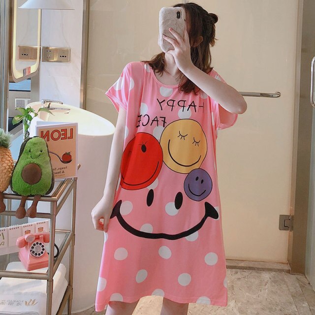 Sanderala Women Cartoon Nighty Summer Nightgowns Sleepdress Cute Comfortable Lingerie Round Neck Short Sleepshirts Sleepwear