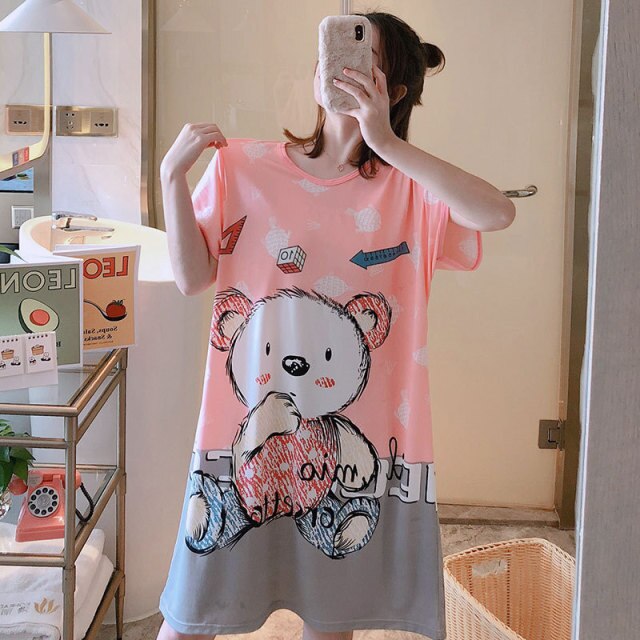 Sanderala Women Cartoon Nighty Summer Nightgowns Sleepdress Cute Comfortable Lingerie Round Neck Short Sleepshirts Sleepwear