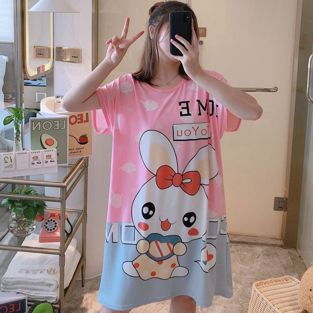 Sanderala Women Cartoon Nighty Summer Nightgowns Sleepdress Cute Comfortable Lingerie Round Neck Short Sleepshirts Sleepwear