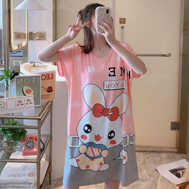 Sanderala Women Cartoon Nighty Summer Nightgowns Sleepdress Cute Comfortable Lingerie Round Neck Short Sleepshirts Sleepwear