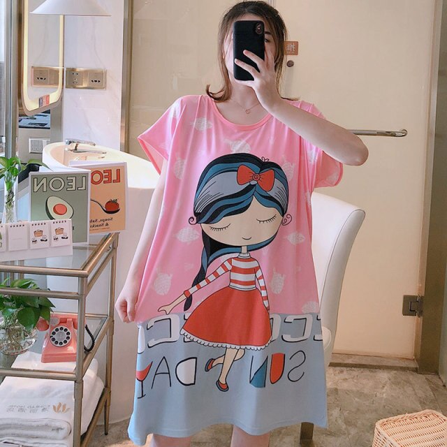 Sanderala Women Cartoon Nighty Summer Nightgowns Sleepdress Cute Comfortable Lingerie Round Neck Short Sleepshirts Sleepwear