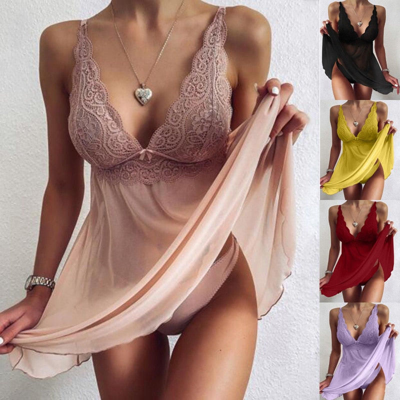 Sexy Women&#39;s Lingerie V-neck Mesh Lace Dress See-through High Waist XL Lingerie Sexy Lingerie Women&#39;s Pajamas Nightdress