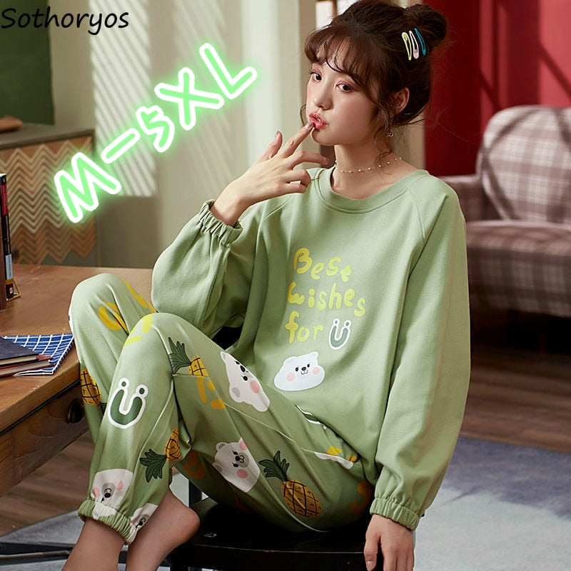 Pajama Sets Women Printed Large Size 5XL Loose Autumn New Cotton Pajama Set Girls Breathable Korean-style Flesh Sweet Trendy Ins