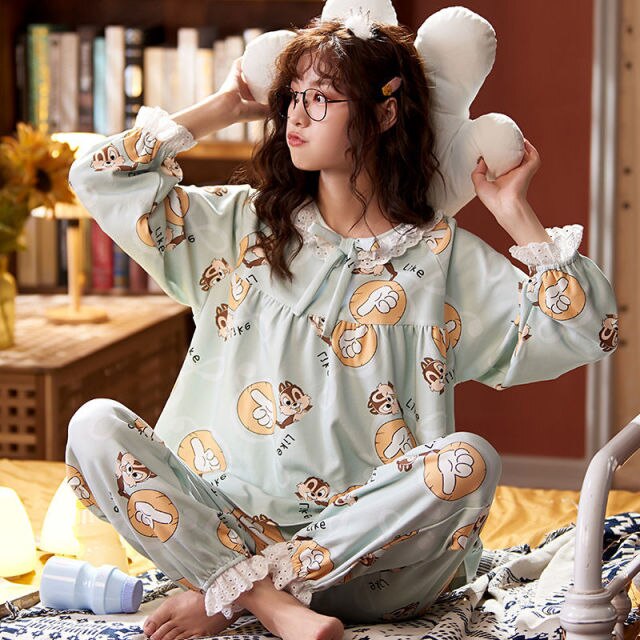 Pajama Sets Women Printed Large Size 5XL Loose Autumn New Cotton Pajama Set Girls Breathable Korean-style Flesh Sweet Trendy Ins