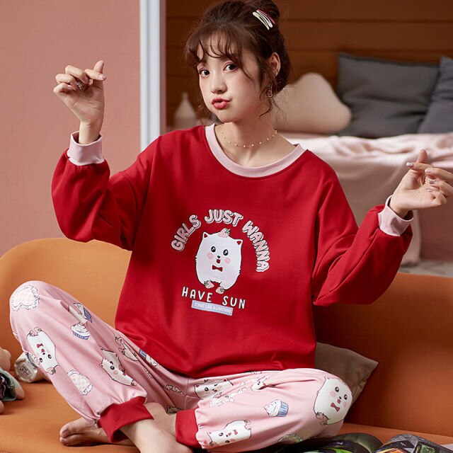 Pajama Sets Women Printed Large Size 5XL Loose Autumn New Cotton Pajama Set Girls Breathable Korean-style Flesh Sweet Trendy Ins