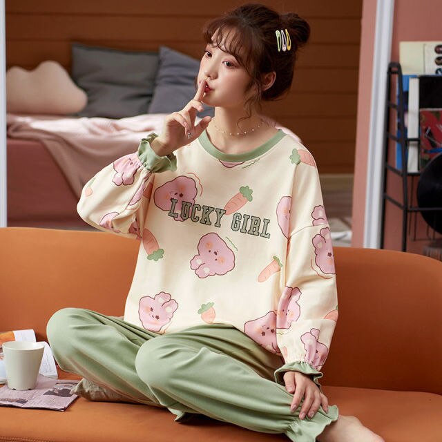 Pajama Sets Women Printed Large Size 5XL Loose Autumn New Cotton Pajama Set Girls Breathable Korean-style Flesh Sweet Trendy Ins