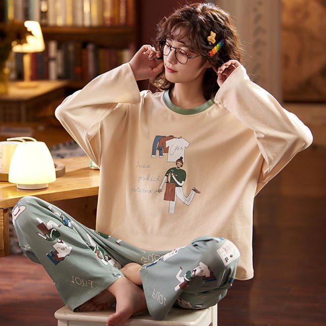 Pajama Sets Women Printed Large Size 5XL Loose Autumn New Cotton Pajama Set Girls Breathable Korean-style Flesh Sweet Trendy Ins