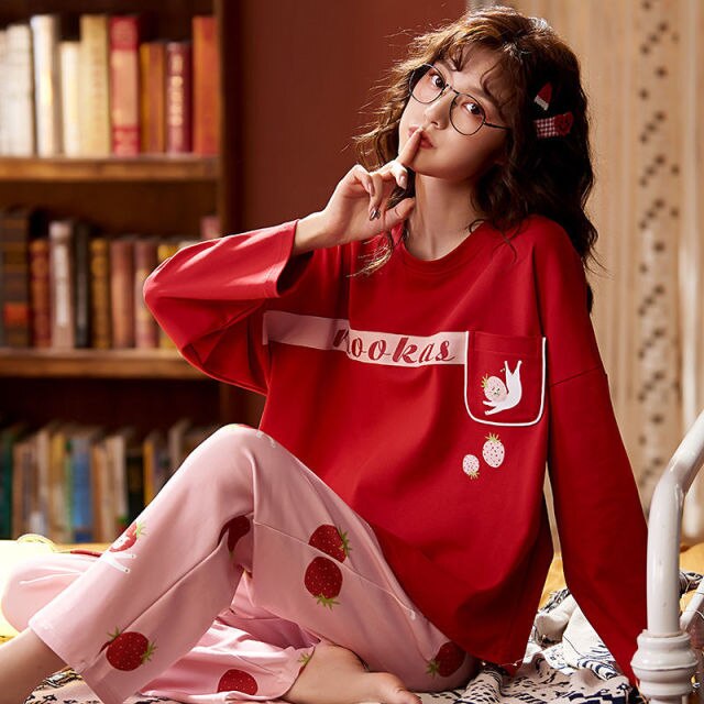 Pajama Sets Women Printed Large Size 5XL Loose Autumn New Cotton Pajama Set Girls Breathable Korean-style Flesh Sweet Trendy Ins