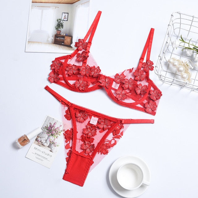 Pink Women  Exotic Transparent Floral Sexy Lingerie Suit Lace Seductive Bras Brief Underwear Set Brassiere Intimates Sujetadores