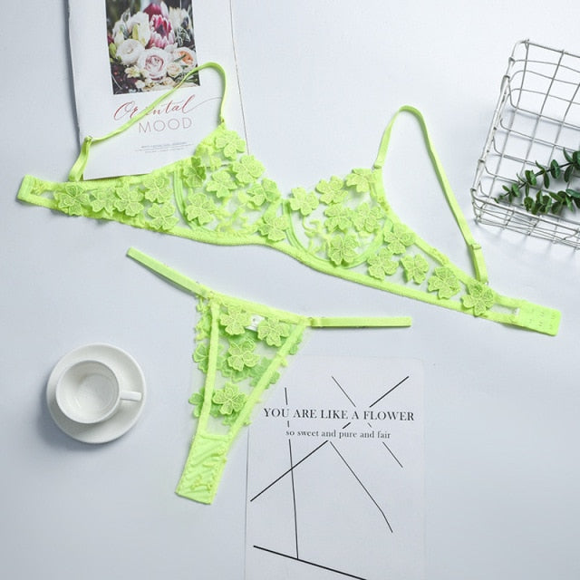 Pink Women  Exotic Transparent Floral Sexy Lingerie Suit Lace Seductive Bras Brief Underwear Set Brassiere Intimates Sujetadores