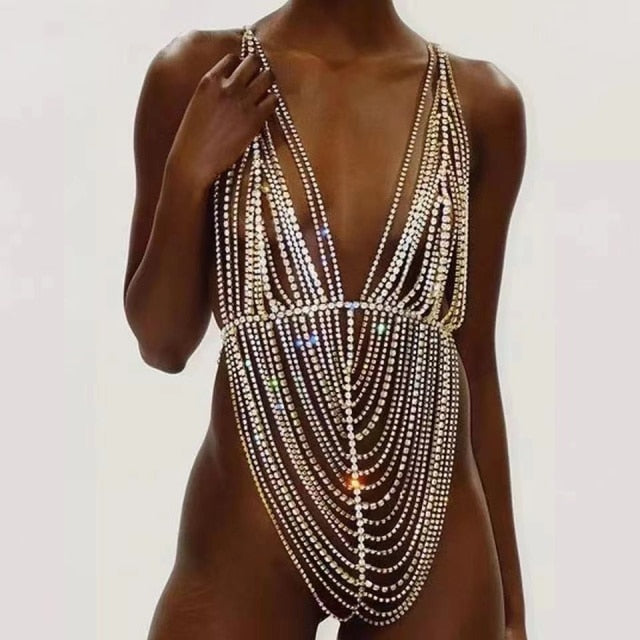 Sparkling Multi-layer Rhinestone Body Chain Harness Bikini for Women Sexy Rave Festival Bra Shoulder Hand Chains Body Jewelry