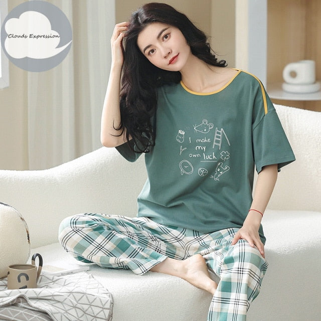 Summer Knitted Cotton Cartoon Women&#39;s Pajama Set Nightwear Long Pants Womens Pajama Sets Mujer Sleepwear Lounge Home Fashion