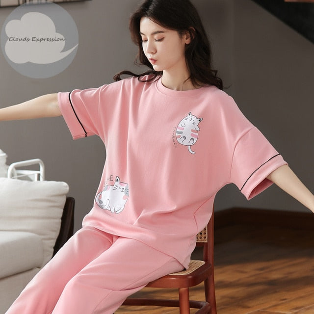 Summer Knitted Cotton Cartoon Women&#39;s Pajama Set Nightwear Long Pants Womens Pajama Sets Mujer Sleepwear Lounge Home Fashion