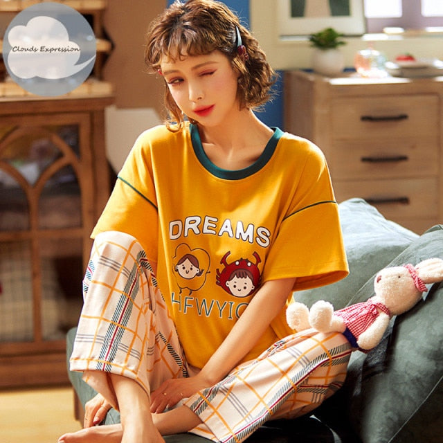 Summer Knitted Cotton Cartoon Women&#39;s Pajama Set Nightwear Long Pants Womens Pajama Sets Mujer Sleepwear Lounge Home Fashion