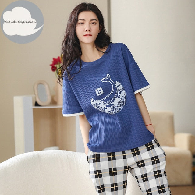 Summer Knitted Cotton Cartoon Women&#39;s Pajama Set Nightwear Long Pants Womens Pajama Sets Mujer Sleepwear Lounge Home Fashion