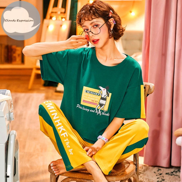 Summer Knitted Cotton Cartoon Women&#39;s Pajama Set Nightwear Long Pants Womens Pajama Sets Mujer Sleepwear Lounge Home Fashion