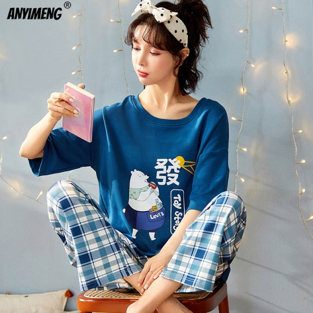 Spring Loungewear Women Crew Neck  Pjs Women Homesuit Homeclothes Fashion Style Cartoon Printing Short Sleeve Long Pants Pj Set