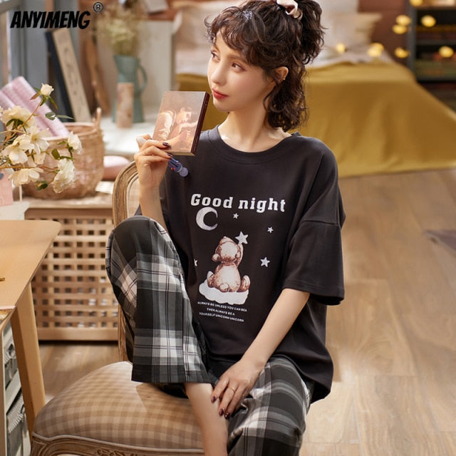 Spring Loungewear Women Crew Neck  Pjs Women Homesuit Homeclothes Fashion Style Cartoon Printing Short Sleeve Long Pants Pj Set