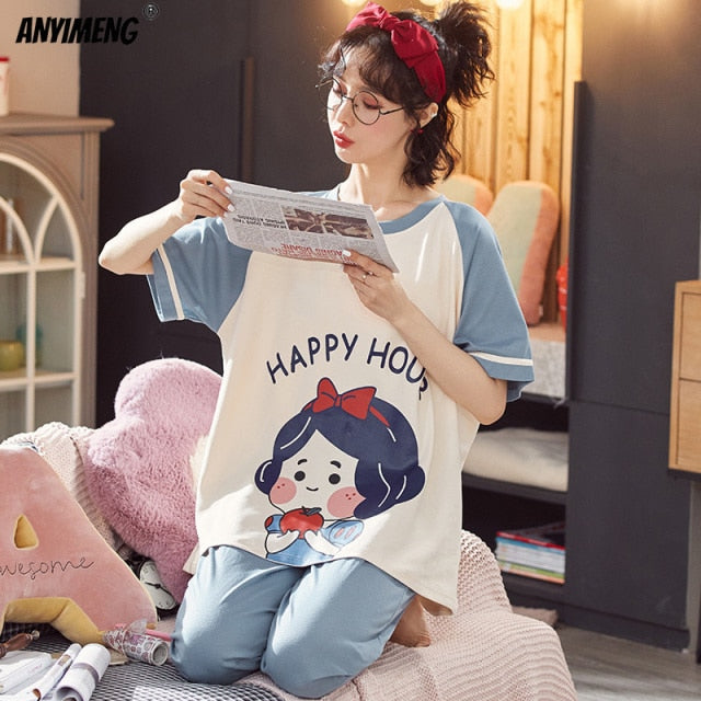 Spring Loungewear Women Crew Neck  Pjs Women Homesuit Homeclothes Fashion Style Cartoon Printing Short Sleeve Long Pants Pj Set