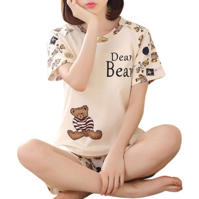 Women Cartoon Pajamas Short Sleeve Cotton Pyjamas Set Home Nightwear