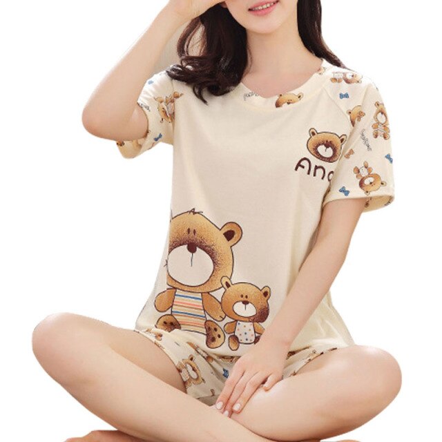 Women Cartoon Pajamas Short Sleeve Cotton Pyjamas Set Home Nightwear